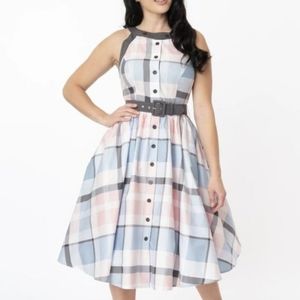 Unique Vintage Maxine Pink Chambray Blue plaid swing dress NWT 16